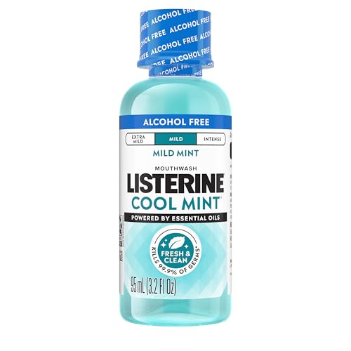 Image of Listerine Cool Mint Alcohol-Free Mild Mouthwash, Oral Rinse Kills 99.9% of Germs that Cause Bad Breath, Less Intense Taste, Mild Mint Flavor, 3.2 fl. oz