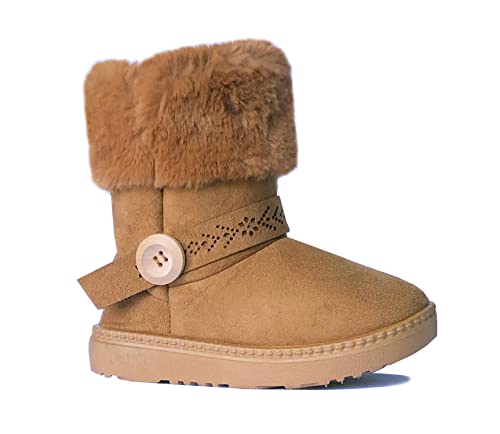 REDVOLUTION Kids Boots Toddler Girls Cute 2 Buttons || Rhinestone Faux Fur Suede Knitting Shoe (Little Kid 11, 365 camel)