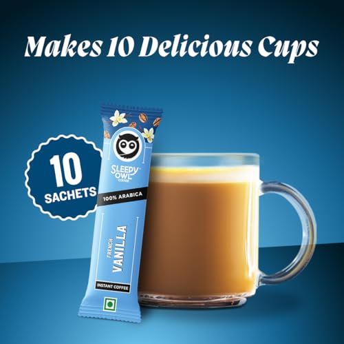Image of Sleepy Owl French Vanilla Freeze Dried Coffee Sachets | 20g - Pack of 10 x 2g Instant Coffee Powder Sachets | 100% Arabica Beans | Aromatic Coffee Pouch | Rich & Smooth | Easy to Use & Carry