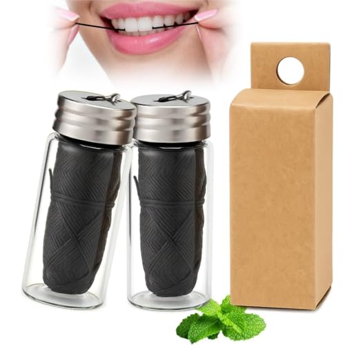 Image of 2PCS Natural Mint Bamboo Charcoal Teeth Floss,with Metal-Cut Glass Dispenser,Plastic Free Dental Floss Tape,Sturdy and Durable,Deep Cleaning Teeth,Easy Glide Feeling Fresh Flavour,(30m*2,Mint)