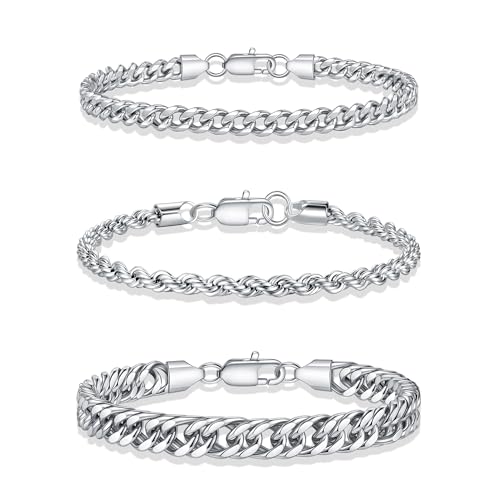 Yoosteel Silver Stackable Bracelets Set for Men Non Tarnish - Stainless Steel Bracelet Stack Rope Figaro Paperclip Cuban Link Chain Bracelets Sets for Men Jewelry Gifts 7.5/8.3/9.0 Inches