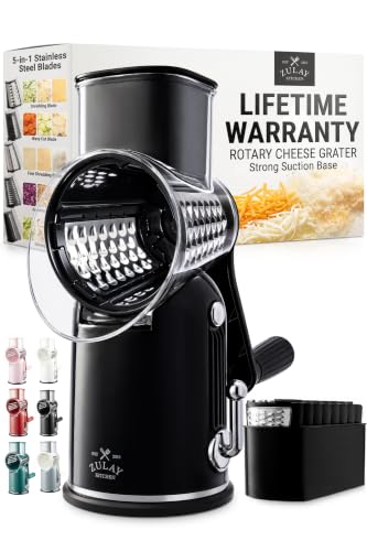 Image of Zulay Kitchen Rotary Cheese Grater 5 Blade Cheese Shredder - Manual Hand Crank Cheese Grater With Reinforced Suction & 5 Interchangeable Drums - Easy to Use, Vegetable Chopper Round Mandoline Slicer