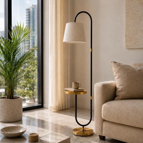 Image of Deco Crush Modern Floor Lamp with Built-in Side Table, Tall Standing Reading Lamp with Fabric Shade, Metal Floor Light for Living Room, Bedroom, Office, Study and Home Decor