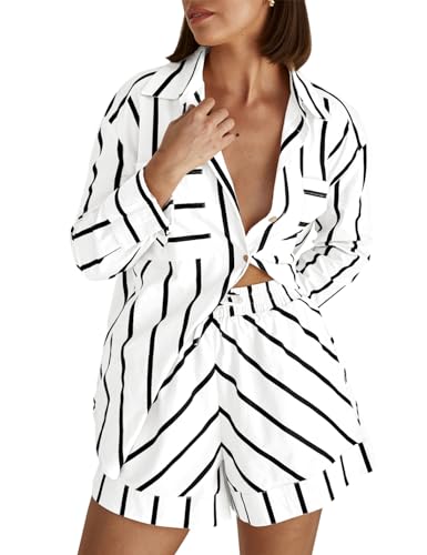 Image of Womens Striped 2 Piece Set Button Down Shirt & High Waist Drawstring Shorts Summer Lounge Matching Outfits