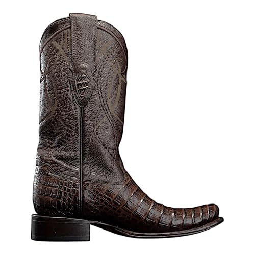 Men’s Rodeo Cartie Denver Caiman Belly Cowboy Boots – Coffee Brown Square Toe, EE Wide, Leather Sole, 9' Shaft, 1.5' Heel, Welt Work, Rodeo and Dress Western Boots (Brown, 12.5, US Footwear Size System, Adult, Men, Numeric, Medium, 12.5)