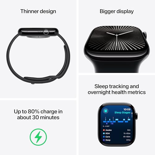 Image of Apple Watch Series 10 [GPS 42 mm] Smartwatch with Silver Aluminium Case with Denim Sport Band - S /M. Fitness Tracker, ECG App, Always-On Retina Display, Water Resistant