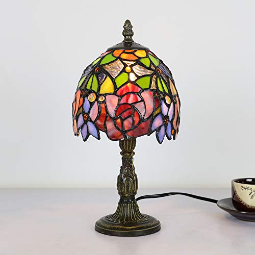 Tiffany-Stil Tischlampe 6 Zoll, E14 Vintage Glasmalerei Mini Nachtlicht, Rote Rose Blume Nacht Schlafzimmer Schreibtischlampen für Wohnzimmer(Ohne Glühbirnen) – Bild 3