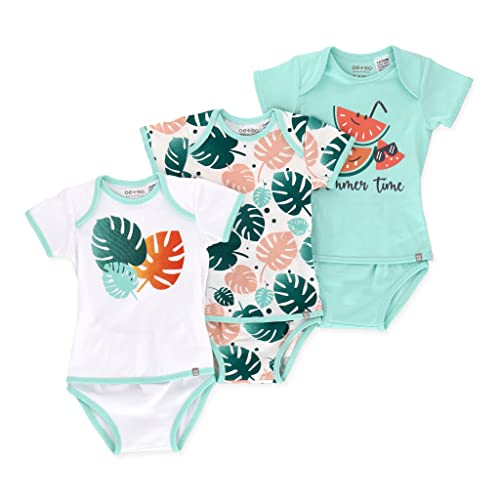 Image of OETEO OEKO-Tex Certified Cotton Easy-To-Wear No Snaps No Buttons Baby Bodysuits - Adaptive Gtube One-Piece Pack (Tropical Land Green 3 Piece Set, 12-18 Months)