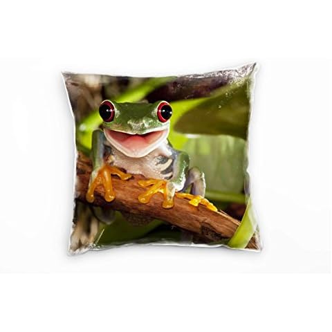 Paul Sinus Art Tiere, Frosch, grün, orange, braun Deko Kissen 40x40cm für Couch Sofa Lounge Zierkissen Cover