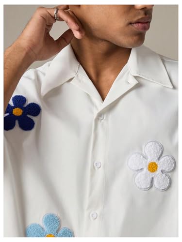 Men's Floral Appliques Oversized Tshirts Half Sleeve Button Down Streetwear Tees4