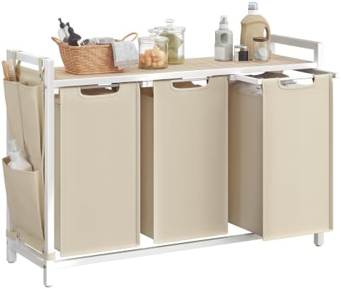 VASAGLE Wäschekorb 3 Fächer, mit Ablage, 120 L | Wäschesystem, 92,5 x 33 x 72 cm, Abnehmbar, Tragbar, Cappuccinobeige und Naturbeige, BRENTA Kollektion BLH301LH01