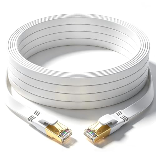 Image of Cat 8 Ethernet Cable 15M, High Speed 40Gbps 2000Mhz Flat Internet Cable, Gold Plated RJ45 Lan Cable, for PC /Modem /Router /Gaming, Faster Than Cat7 /Cat6 /Cat5 (White)
