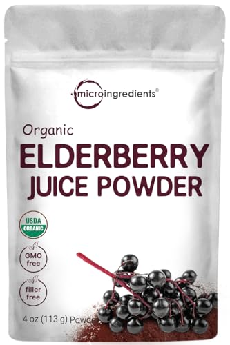Micro Ingredients Organic European Black Elderberry Juice Powder, 4 Ounce, Cold Pressed, Flash Pasteurized for Safety, Supports Immune System, Energy and Vascular Health, No GMOs, Vegan Friendly
