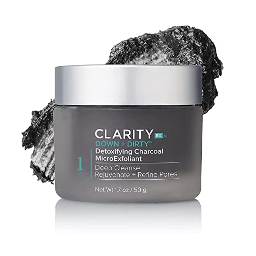 ClarityRx Down + Dirty Detoxifying Charcoal Facial Exfoliator, Natural Plant-Based Exfoliating Face Scrub with Antioxidants for Acne-Prone & Oily Skin (1.7 oz)