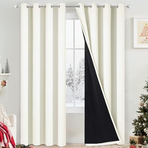 Image of Yakamok 100% Cream Blackout Curtains for Bedroom, Light Blocking Thermal Insulated Noise Reducing Blackout Drapes for Living Room(52Wx84L, 2 Panels)