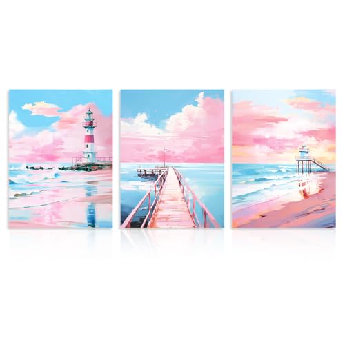 Dazzlewall 3Pcs Impresiones Artísticas de Pared de Playa Rosa, Paisaje Marino Faro Costero Carteles Para Dormitorio, Baño, Decoración de Sala de Estar, 30×40 Cm, Sin Marco