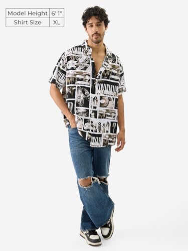 Image of The Souled Store On Beat Men and Boys Short Sleeve Collared Neck Buttoned Front Multicolor All Over Printed Polyester Blend Oversized Shirts