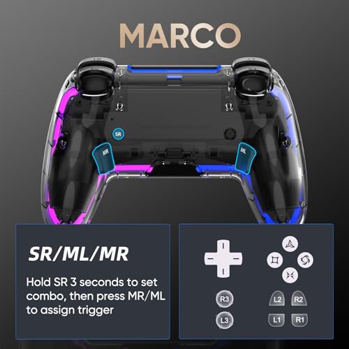 Image of BETMI Wireless Controller for PS5, Pro /Slim /MAC /Steam Deck /PC, Hall Effect Joysticks,Dual Vibration, Marco /Turbo, 3.5mm Audio Jack, 6-Axis Gyro, Mute, Bluetooth LED Gamepad with Speaker(9 Colors Single & Dual-Color LED, L Blue R Pink, Transparent)