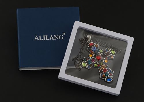 Image of Alilang Ornate Antique Golden Tone Colorful Rhinestone Cross Pendant Necklace