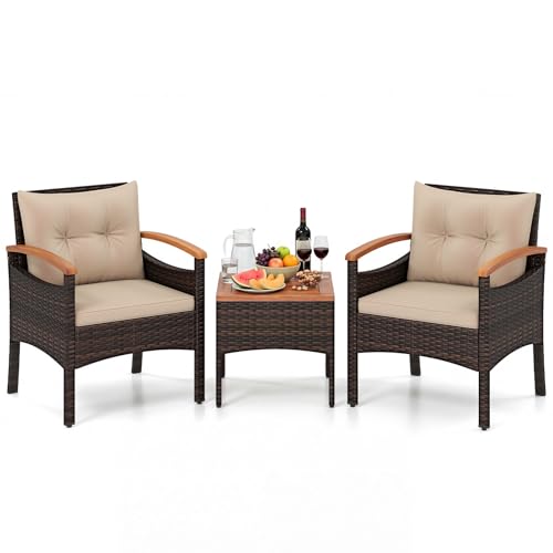 COSTWAY Salon de Jardin Exterieur 3 Pièces en Rotin PE, Ensemble de Meubles 2 Fauteuils Table Basse Plateau en Bois d'Acacia avec Coussin Amovible, pour...