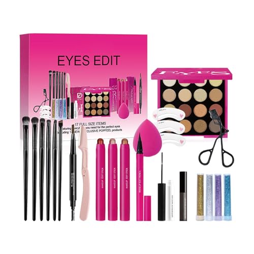 Eye Makeup Kit - Makeup Set for Women | Beginner Makeup Kit | Professional Eyes Make Up Kits | Mascara | Eyeshadow Palette | Eyelash Curler | Brow Stamp Stencil | Eyeshadow Brush and More