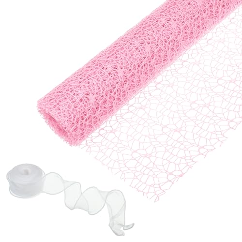 Maille emballage fleur de qualité supérieure filet creux rose clair avec ruban