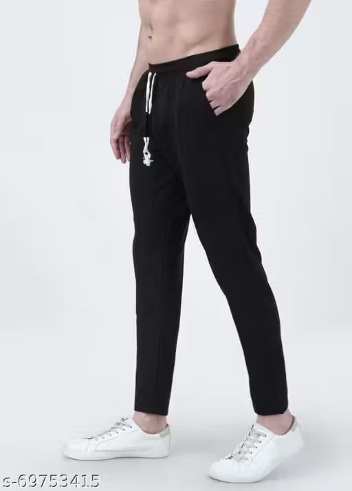 Image of Men's Black Casual Jogger Trousers, Slim Fit Ankle-Length Pants with Drawstring Waist