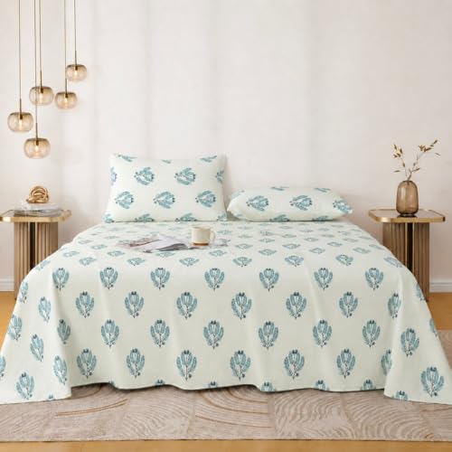 Image of Jaipur Weaves Cotton King Size Bedsheet 108x108 Super King, 100% Pure Cotton Bed Sheet with 2 Pillow Covers, 240 TC Soft Breathable Floral Design Bedding - (Spring Tulips Green, Super King)