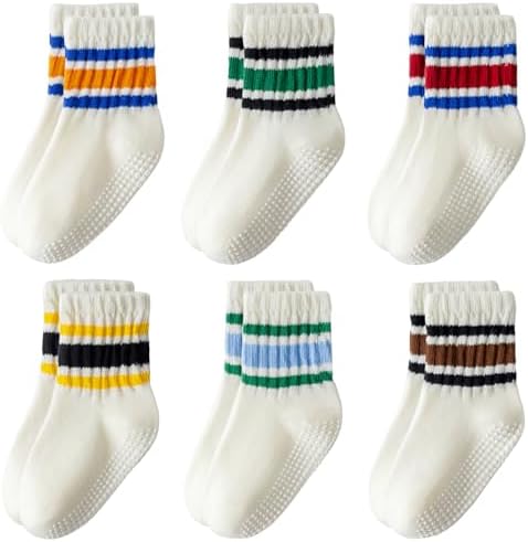 AniKigu Toddler Non-Slip Socks,Unisex Baby Grip Crew Seamless Cotton Socks with Retro Stripe for Boys Girls Kids 6 Pairs,Mixed-Off White,3-12M