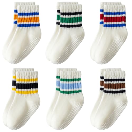 Image of AniKigu Toddler Non-Slip Socks,Unisex Baby Grip Crew Seamless Cotton Socks with Retro Stripe for Boys Girls Kids 6 Pairs
