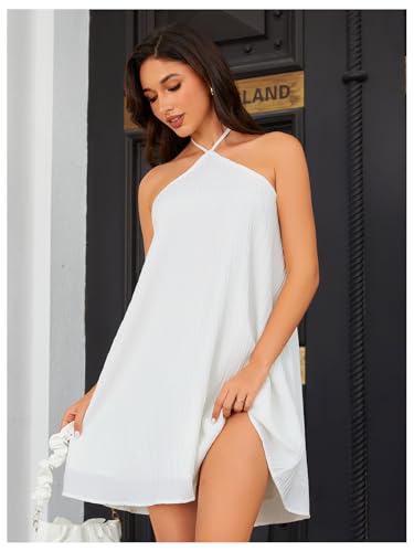 Image of OYOANGLE Women's Summer Beach Dresses Sleeveless Halter Tie Back Solid Backless Flared Short Dress