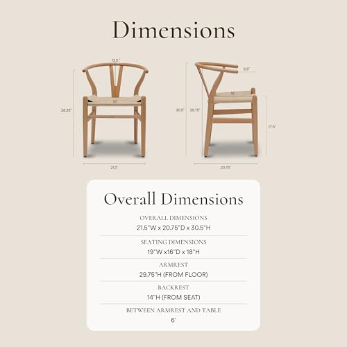 Image of POLY & BARK Weave Dining Chairs - Mid-Century Modern Wishbone Dining Chairs with Arms, Solid Wood Frame, Indoor Use - Natural - Set of 2 - Ideal for Dining Room, Kitchen or Stylish Accent Setting