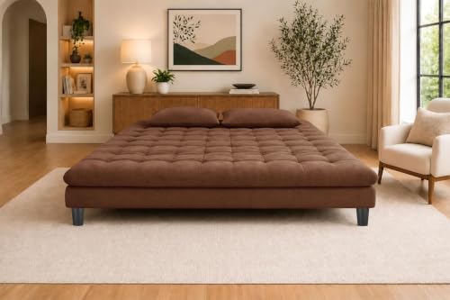 Image of 3 Seater Velvet Sofa Cum Bed, Tufted Convertible Sleeper Couch, Space-Saving Design Comfortable Cushioned Seating - Brown