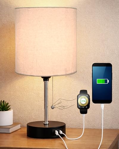 Image of Homesake Bedside Lamp for Bedroom Nightstand Table Light with USB A | C Charging Port, Desk Lamp, Pull Chain Light, Side Table Desk Reading Lamp, Living Room Gift, (Khadi Cylinder)