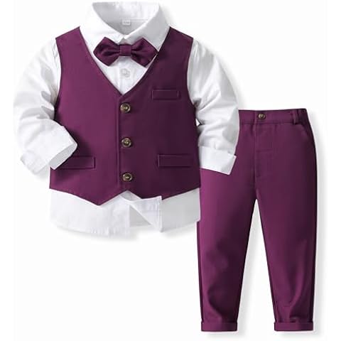 Infant Boys Gentleman Suit 3pcs Outfits Long Sleeve Shirts & Purple Vest & Pants Tuxedo Wedding Birthday Party Set 18-24M Cover