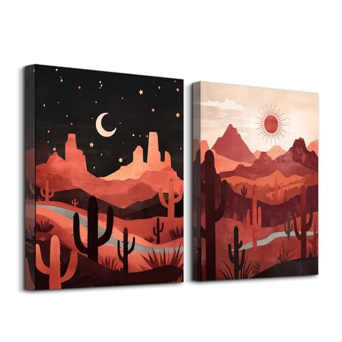 SERIMINO Boho Canvas Wall Art for Living Room, Western Desert Landscape Abstract Wall Art, Tropical Cactus Wall Decor Set of 2, Sun and Moon Art Prints for Dining Room Bedroom, 12 x16 inch
