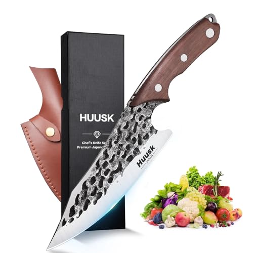 Huusk Viking Knife with Sheath - Hand Forged Boning Knife for Meat Cutting, Japanese Chef Knives for Kitchen, Outdoor Camping, Gift for Men and Women