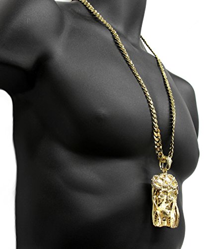 Mens Gold Tone Large Crowned Jesus Pendant with 30" 10mm Cuban Chain Necklace- Buy Online in ...