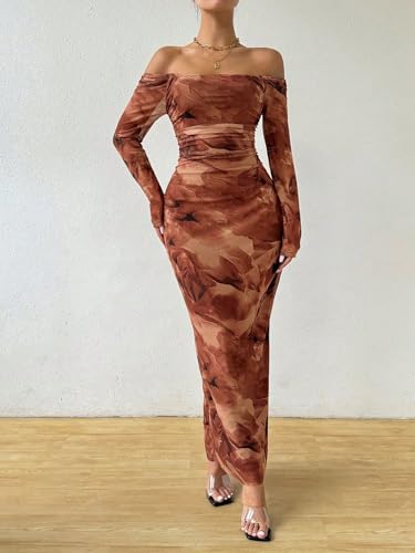 Image of LIGHT DOT Women's Printed Off Shoulder Maxi Dress Long Sleeve Bodycon Ruched Mesh Cocktail Dress