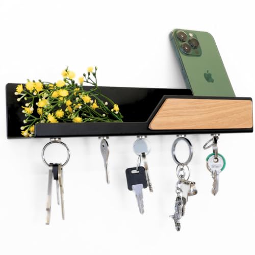 Portachiavi da Parete in metallo magnetico nero- Appendichiavi e Svuotatasche per L' Ingresso casa moderno in Metallo e Legno Rovere - Oggetto per Chiavi montaggio sull Muro accessori casa (Nero)