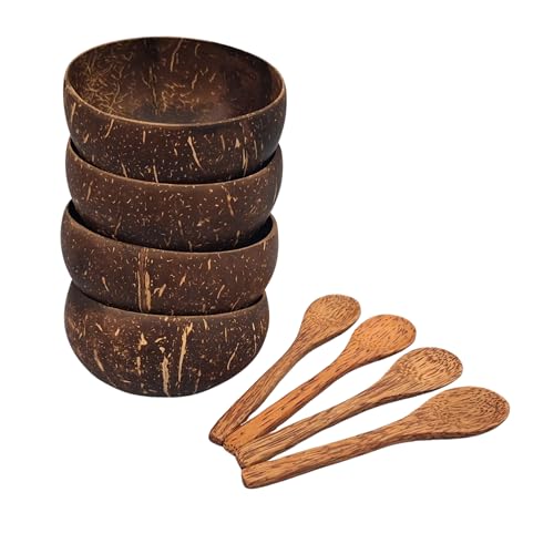 Handmade Coconut Bowls Set of 4 with Free Spoons -