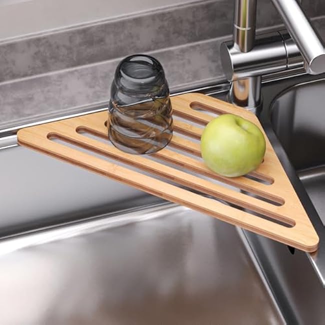 Dish Drying Rack for Sink Corner,Bamboo Drainer Mat for Kitchen,Sink Accessories(Natural)