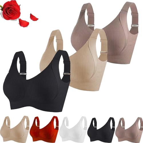 Women's Ribbed Push Up Adjustable Wireless Bra, Upliftjoys Bra, Women Solid Four Breasted Adjustable Wireless Bras Plus Size
