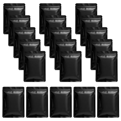 Pack de 100 bolsas de embalaje de aluminio mate, con cremallera, autoadhesivas, para almacenamiento de alimentos, resistentes a los olores, color negro mate, 7 x 10 cm