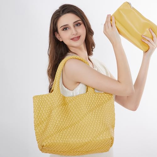 Image of Woven Tote Bag Womens Purse Vegan Leather Shoulder Handbags Fashion Summer Beach Tote Bags Large Travel Totes