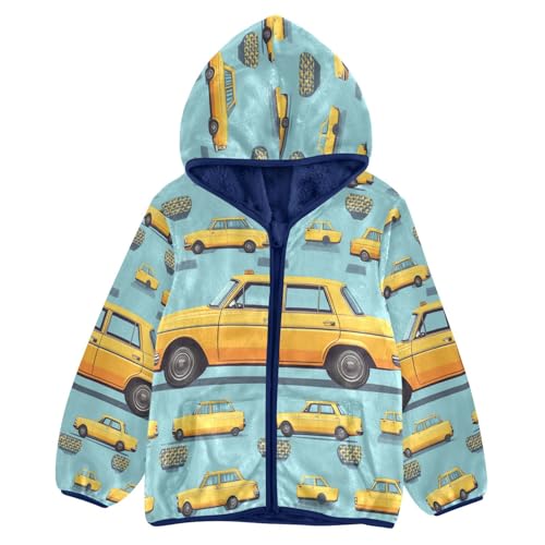 Cartoon Yellow Taxi Car Toddler Fleece Jacket Girl Boys Hooded Fleece Jacket Coat Warm Outwear Zip-up 3-10T