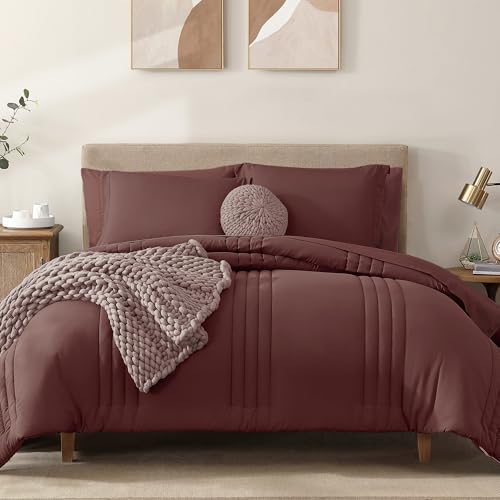 Image of Monbix King Size Comforter Set - 7 Pieces Bed in a Bag King, Dark Red Bedding Sets with Comforter, All Seasons Comforter Bed Set with Sheets, Pillowcases & Shams
