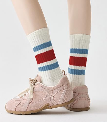 Image of 3 Pairs Women Striped Tube Socks Fun Novelty Cute Crew Socks Retro Sport Mid-Calf Socks for Women Grils