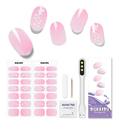Dukasou Semi Cured Gel Nail Strips, 28Pcs Real Nail Polish Art Stickers/Wraps With Uv/Led Light, Includes Prep Pads, Nail File & Wood Stick, Sticker Nails For Women Girls Kids Diy Decorations Birthday Party Favor Gifts（Gradient Pink) #TOP13