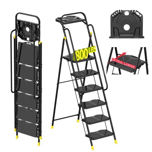 6 Step Foldable Step Ladder Stool with Roomy Tool Tray and Secure Handrail Foldable Platform Ladder 6 Step Folding Stepstools with Wide Pedals and 800lbs Weight Capacity for Adults Home Kitchen